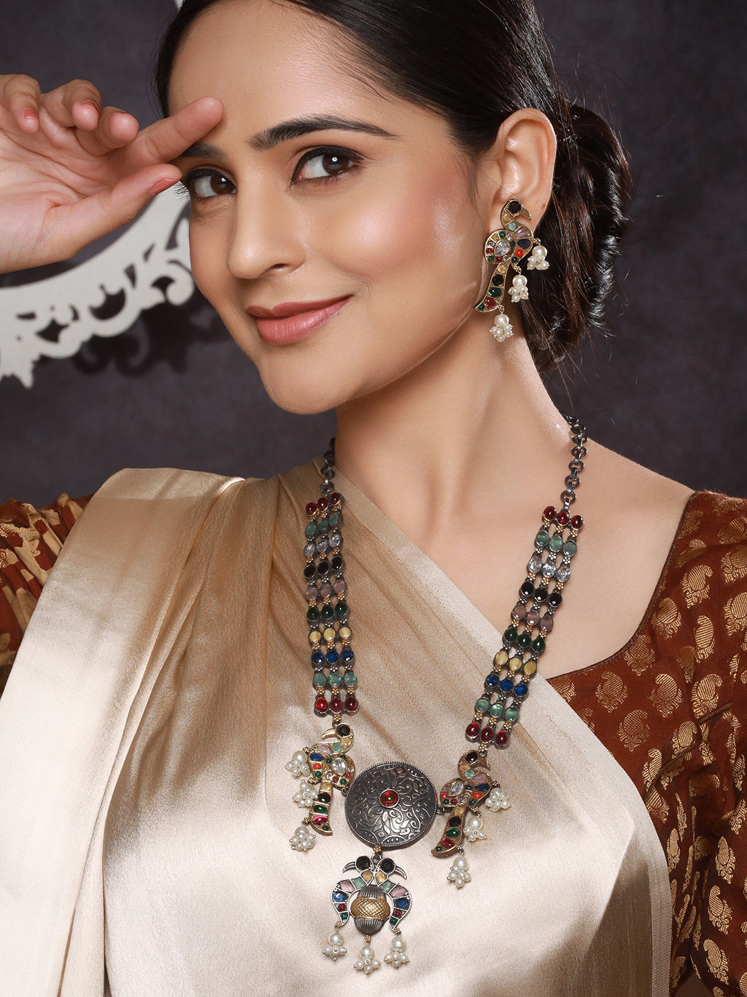 Dual Tone Oxidised Nav Ratan Stone Studded Pearl Beaded Bird Motif Designer